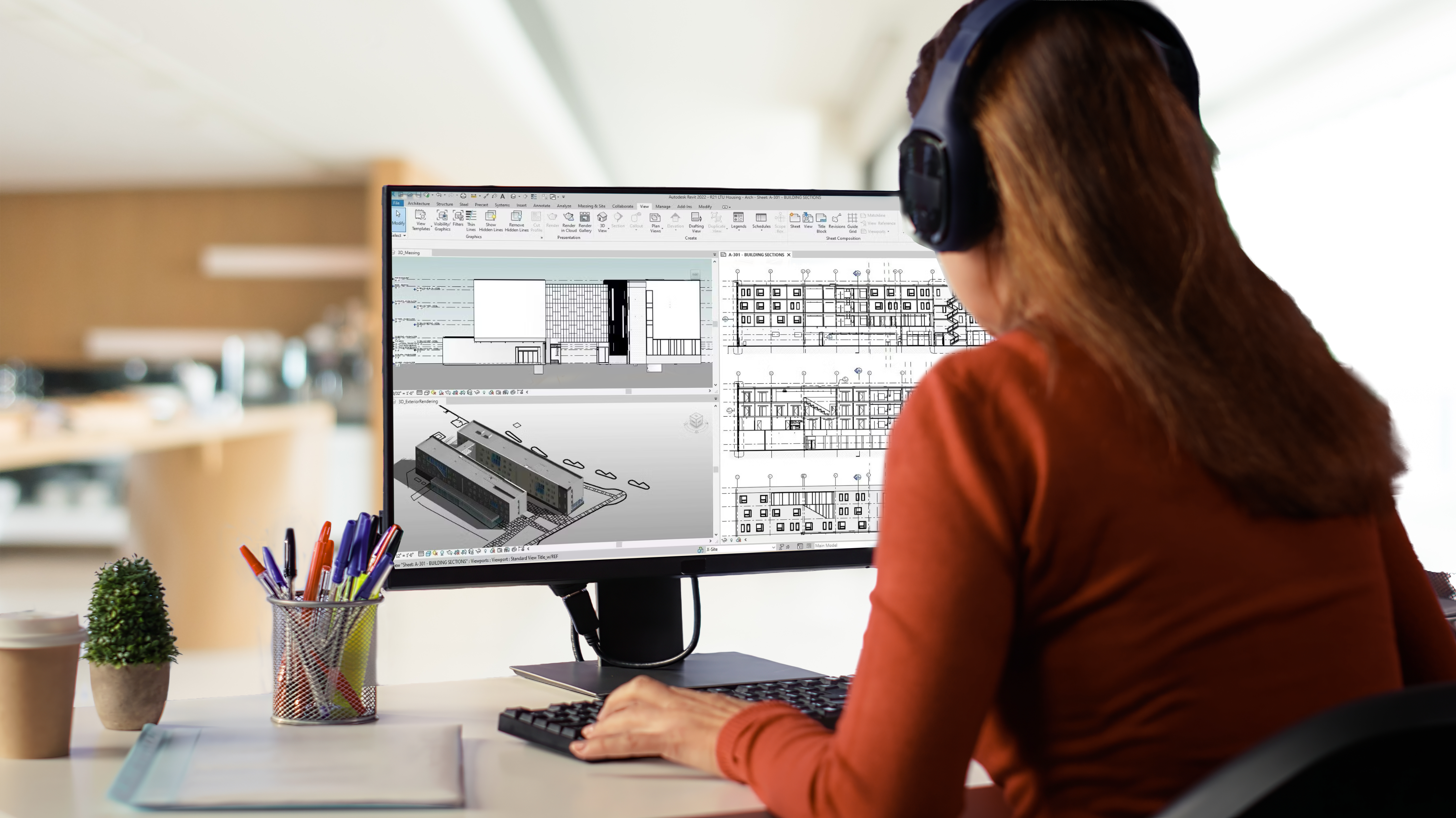 Architect working on BIM model at workstation